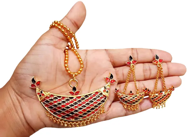 Assamese_Traditional_Gold_Plated_Red_Black_Colour_Joonbiri_Chain_Jewellery_Set_For_Women